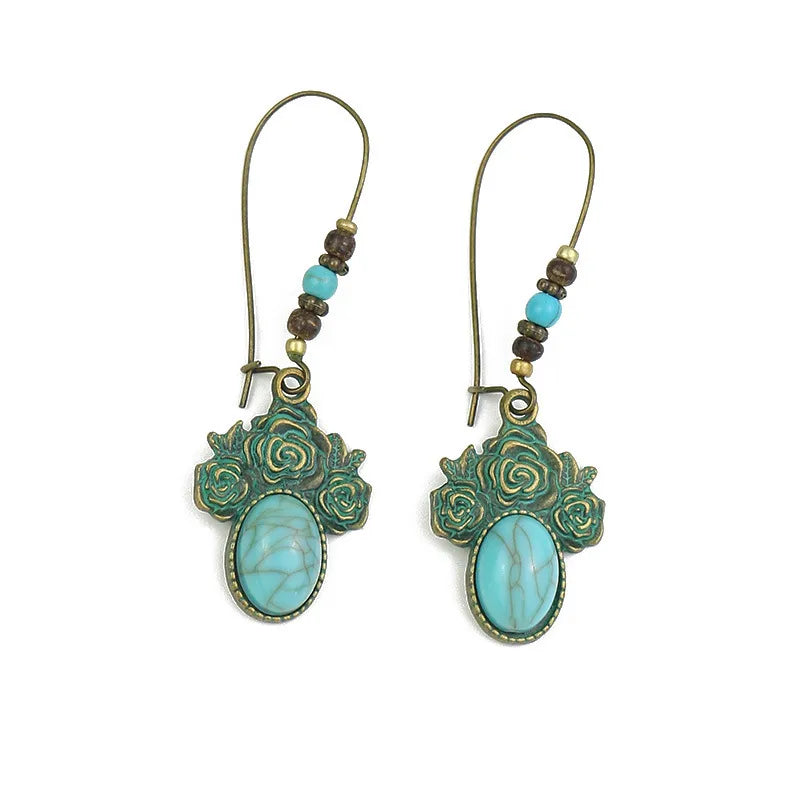 Wholesale Jewelry 1 Pair Bohemian Leaf Round Sun Alloy Turquoise Drop Earrings