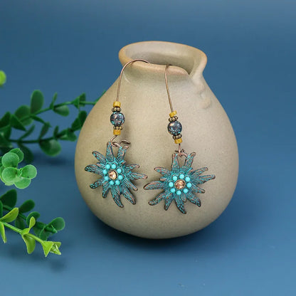 Wholesale Jewelry 1 Pair Bohemian Leaf Round Sun Alloy Turquoise Drop Earrings