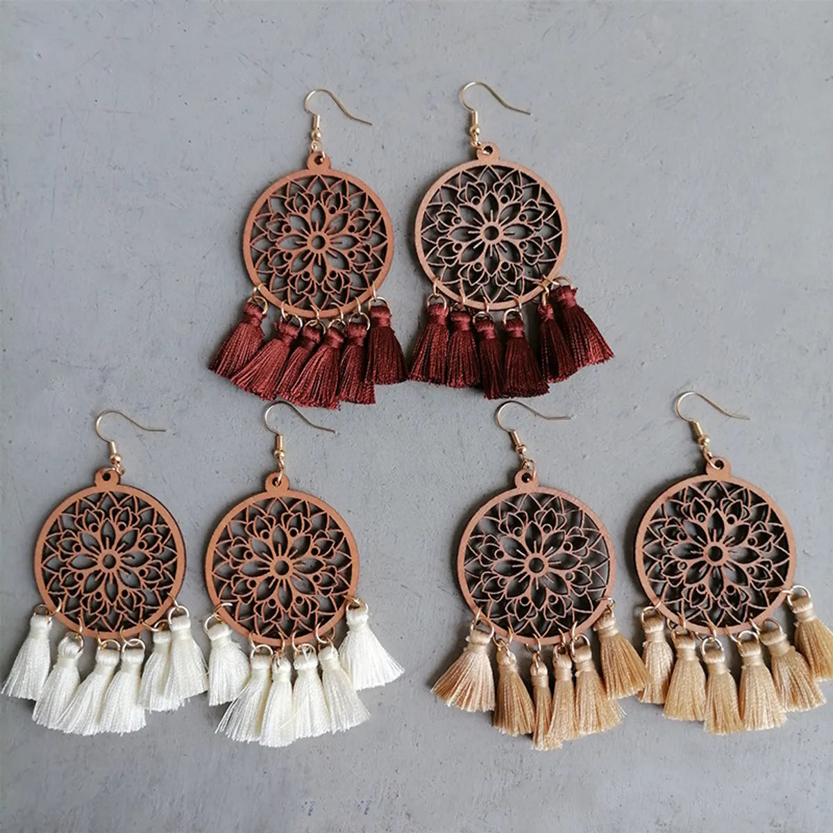 Wholesale Jewelry 1 Pair Bohemian Tassel Flower Wood Drop Earrings