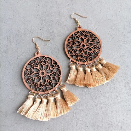 Wholesale Jewelry 1 Pair Bohemian Tassel Flower Wood Drop Earrings