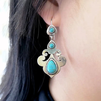 Wholesale Jewelry 1 Pair Classical Water Droplets Metal Turquoise Silver Plated Drop Earrings