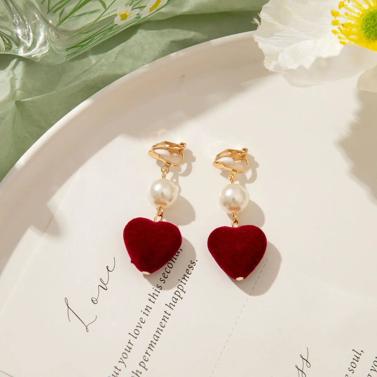 Wholesale Jewelry 1 Pair Elegant Cherry Heart Shape Flower Alloy Artificial Pearls Ear Clips