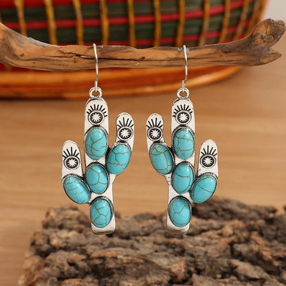 1 Pair Ethnic Style Cactus Inlay Alloy Turquoise Drop Earrings