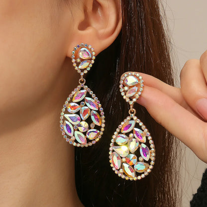 Wholesale Jewelry 1 Pair Luxurious Water Droplets Alloy Artificial Rhinestones Glass Drop Earrings