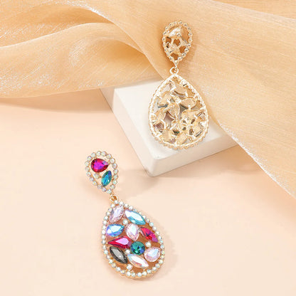 Wholesale Jewelry 1 Pair Luxurious Water Droplets Alloy Artificial Rhinestones Glass Drop Earrings