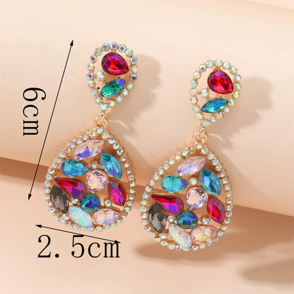 Wholesale Jewelry 1 Pair Luxurious Water Droplets Alloy Artificial Rhinestones Glass Drop Earrings