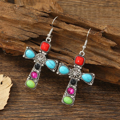 1 Pair Retro Ethnic Style Cross Inlay Alloy Artificial Gemstones Drop Earrings