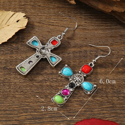 1 Pair Retro Ethnic Style Cross Inlay Alloy Artificial Gemstones Drop Earrings