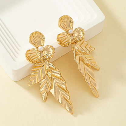 Wholesale Jewelry 1 Pair Retro Leaves Flower Alloy Pearl Drop Earrings