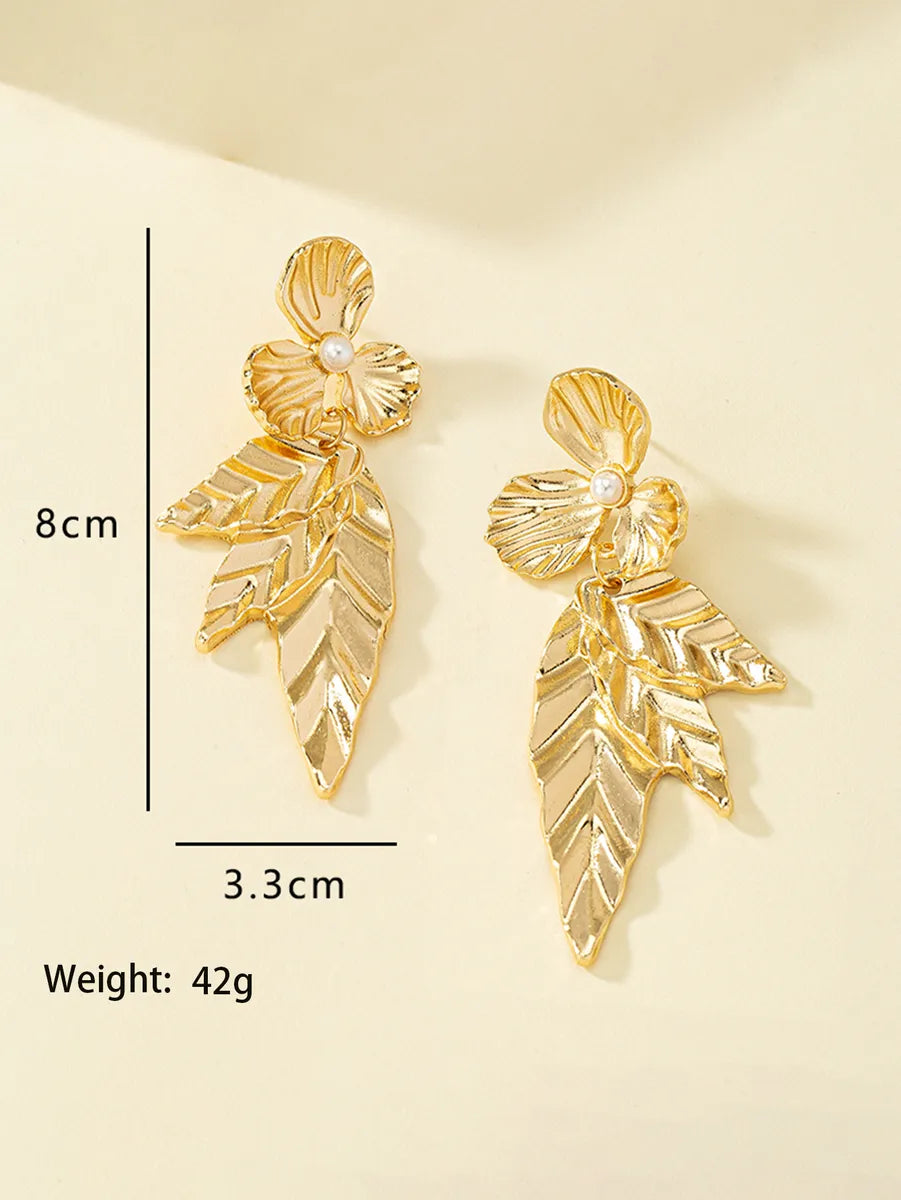 Wholesale Jewelry 1 Pair Retro Leaves Flower Alloy Pearl Drop Earrings