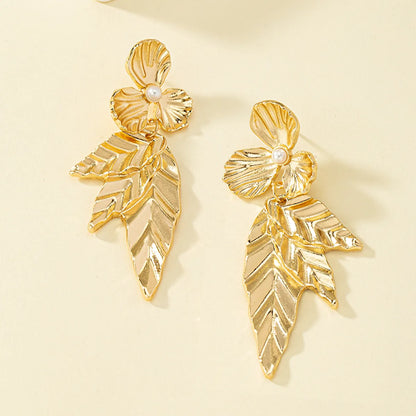 Wholesale Jewelry 1 Pair Retro Leaves Flower Alloy Pearl Drop Earrings