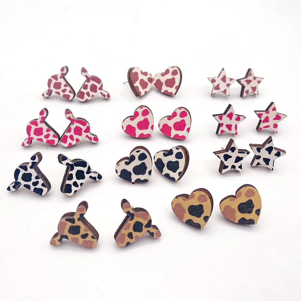 Wholesale Jewelry 1 Pair Retro Star Heart Shape Cattle Wood Ear Studs