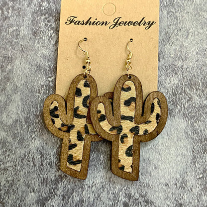 Wholesale Jewelry 1 Pair Streetwear Cactus Leopard Wood Drop Earrings