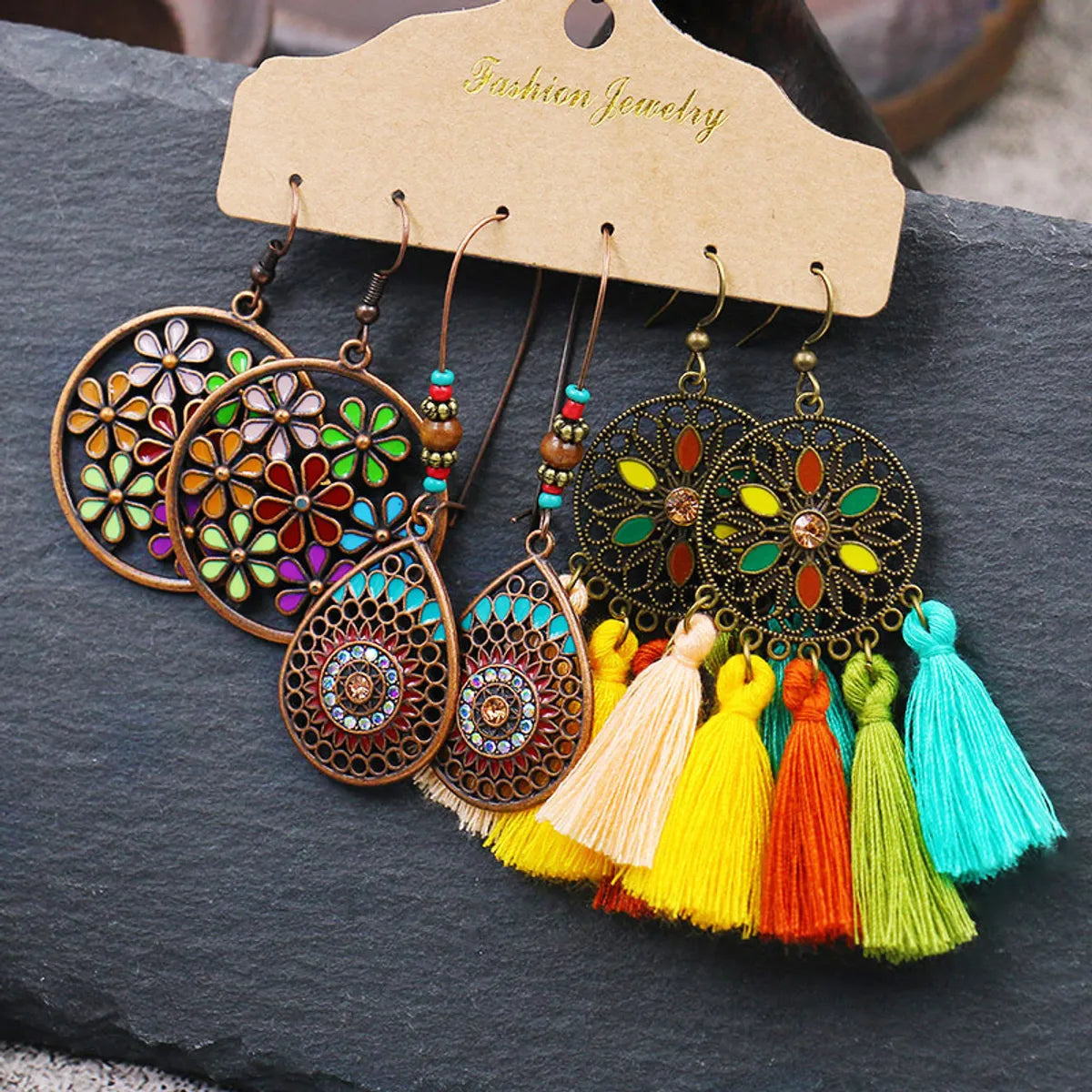 Wholesale Jewelry 1 Set Bohemian Round Water Droplets Flower Alloy Earrings