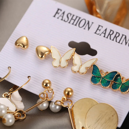 Wholesale Jewelry 1 Set Retro Round Heart Shape Butterfly Imitation Pearl Alloy Shell Earrings