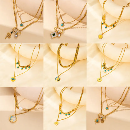 Wholesale Jewelry Basic Modern Style Classic Style Geometric Devil'S Eye Titanium Steel Turquoise Plating Inlay Double Layer Necklaces