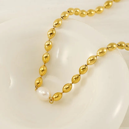 Wholesale Jewelry Basic Round Oval 304 Stainless Steel Artificial Pearls 18K Gold Plated Plating Inlay Bracelets Necklace