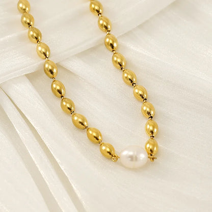 Wholesale Jewelry Basic Round Oval 304 Stainless Steel Artificial Pearls 18K Gold Plated Plating Inlay Bracelets Necklace