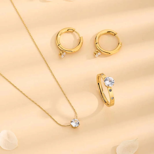 Wholesale Jewelry Basic Simple Style Classic Style Round Solid Color 304 Stainless Steel Rhinestones 18K Gold Plated Inlay Jewelry Set