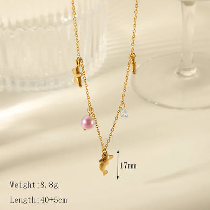 Wholesale Jewelry Beach Commute Dolphin Shell Fish Tail 304 Stainless Steel Acrylic 18K Gold Plated Plating Inlay Pendant Necklace