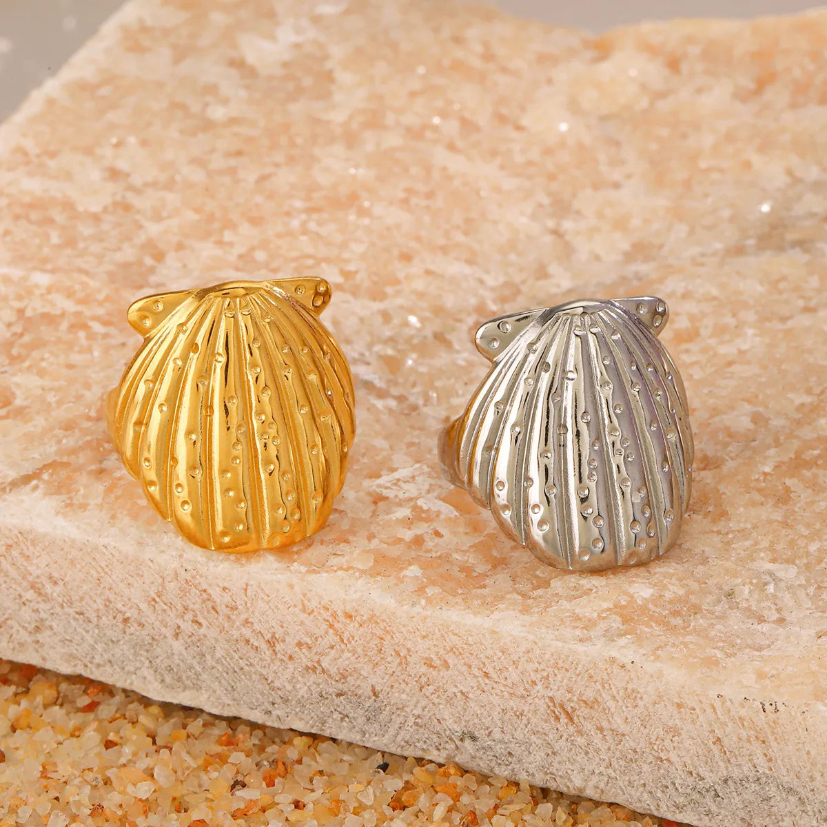 Wholesale Jewelry Beach Shell 304 Stainless Steel 18K Gold Plated Manual Polishing Open Rings