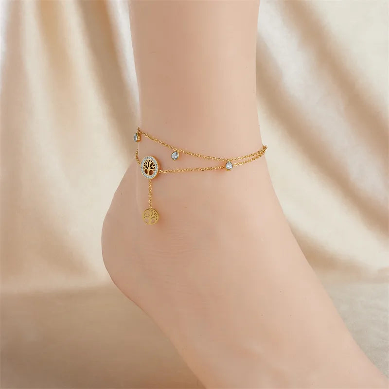 Wholesale Jewelry Beach Solid Color 304 Stainless Steel Rhinestones 18K Gold Plated Plating Inlay Anklet