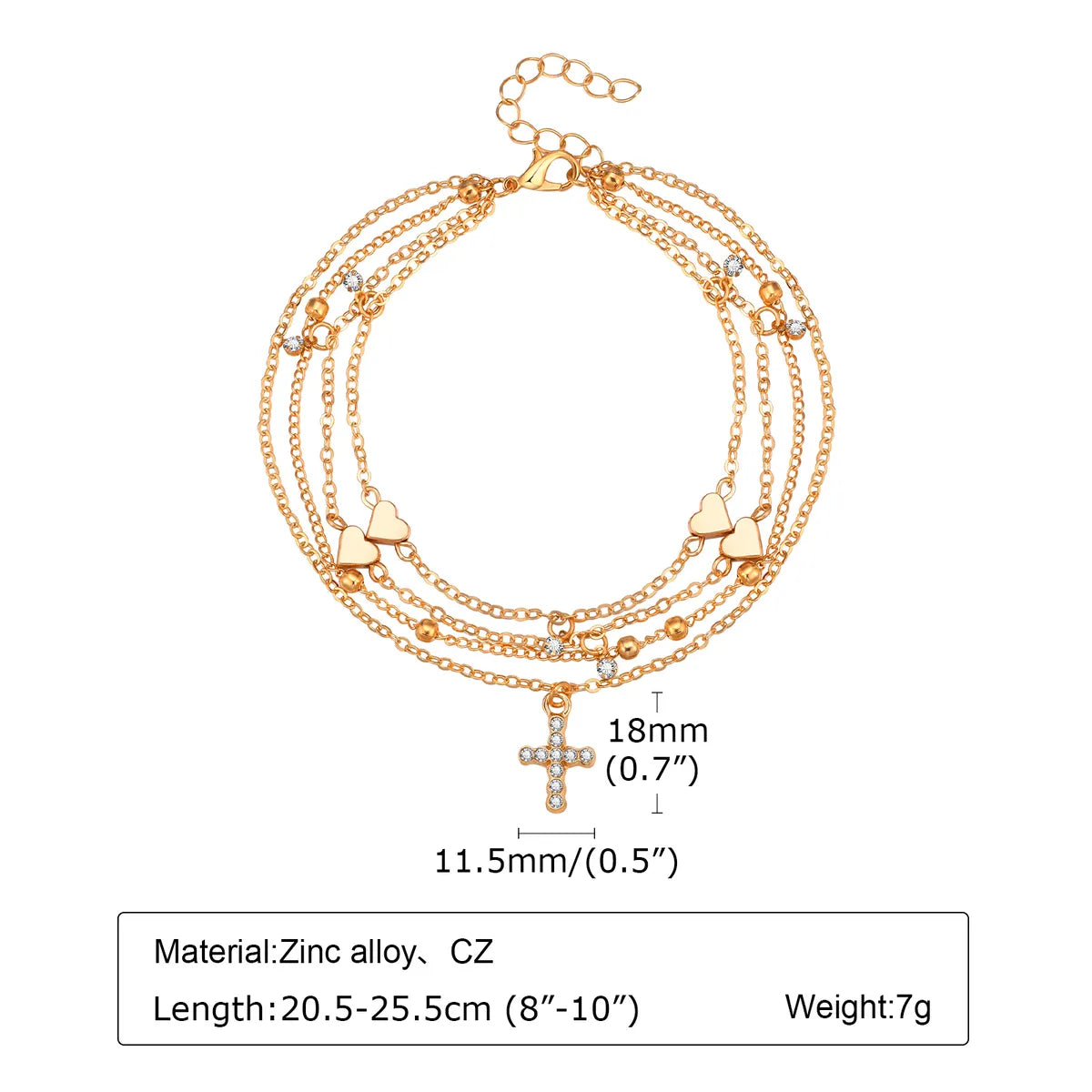 Wholesale Jewelry Beach Tropical Cross Heart Shape Alloy Zircon Rose Gold Plated Layered Inlay Anklet