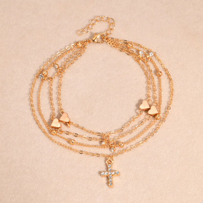 Wholesale Jewelry Beach Tropical Cross Heart Shape Alloy Zircon Rose Gold Plated Layered Inlay Anklet