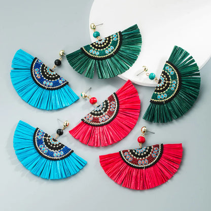 Wholesale Jewelry Bohemian Fabric Inlaid Pearl Fan-shaped Tassel Earrings Gooddiy