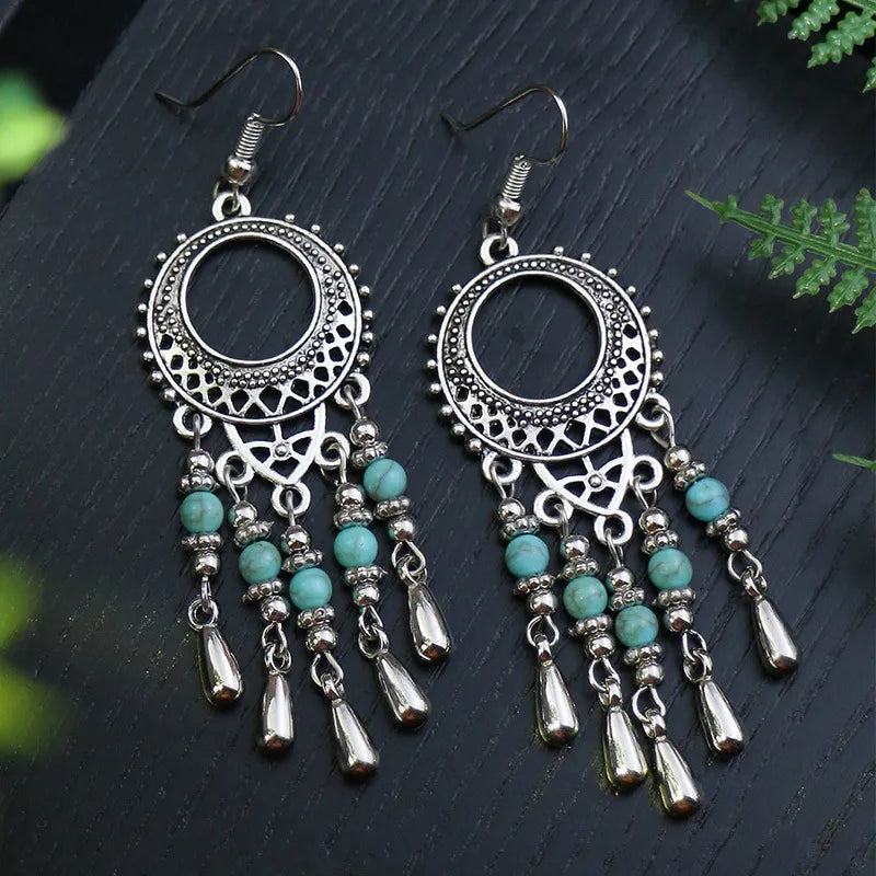 Wholesale Jewelry Bohemian Round Water Droplets Arylic Turquoise Tassel Hollow Out Inlay Drop Earrings