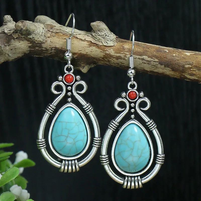 Wholesale Jewelry Bohemian Round Water Droplets Arylic Turquoise Tassel Hollow Out Inlay Drop Earrings