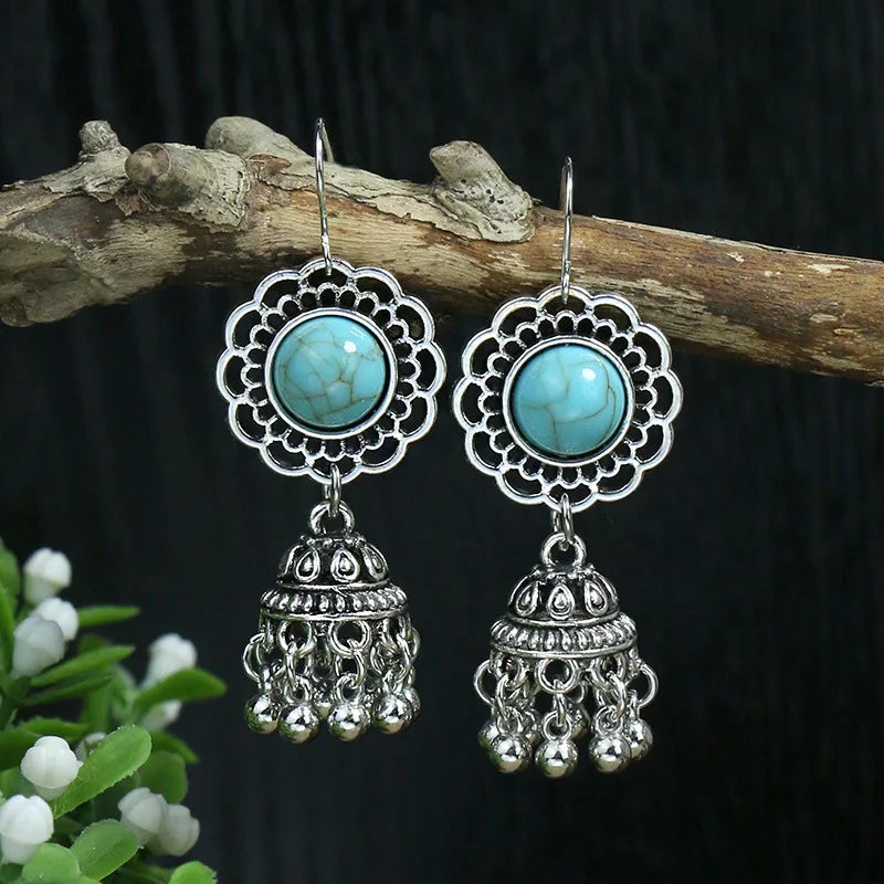 Wholesale Jewelry Bohemian Round Water Droplets Arylic Turquoise Tassel Hollow Out Inlay Drop Earrings