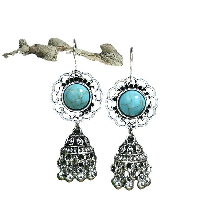 Wholesale Jewelry Bohemian Round Water Droplets Arylic Turquoise Tassel Hollow Out Inlay Drop Earrings