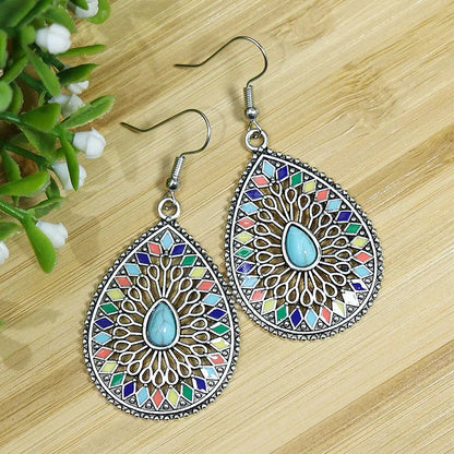 Wholesale Jewelry Bohemian Round Water Droplets Arylic Turquoise Tassel Hollow Out Inlay Drop Earrings