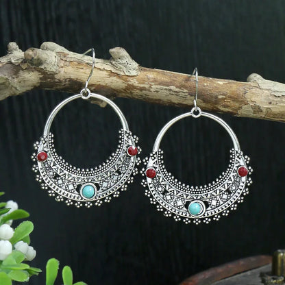 Wholesale Jewelry Bohemian Round Water Droplets Arylic Turquoise Tassel Hollow Out Inlay Drop Earrings