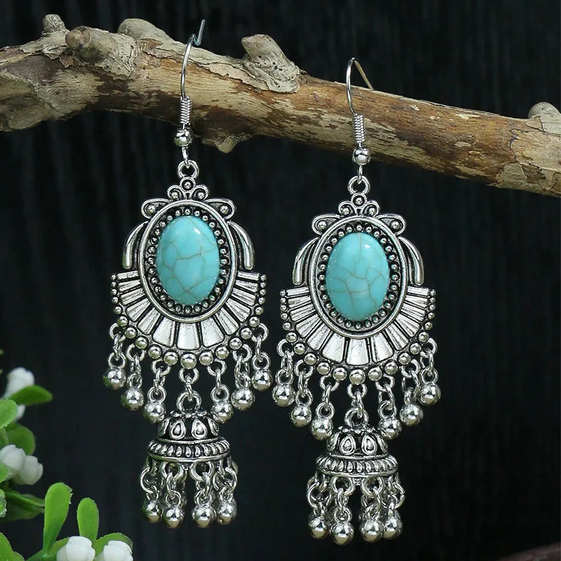 Wholesale Jewelry Bohemian Round Water Droplets Arylic Turquoise Tassel Hollow Out Inlay Drop Earrings