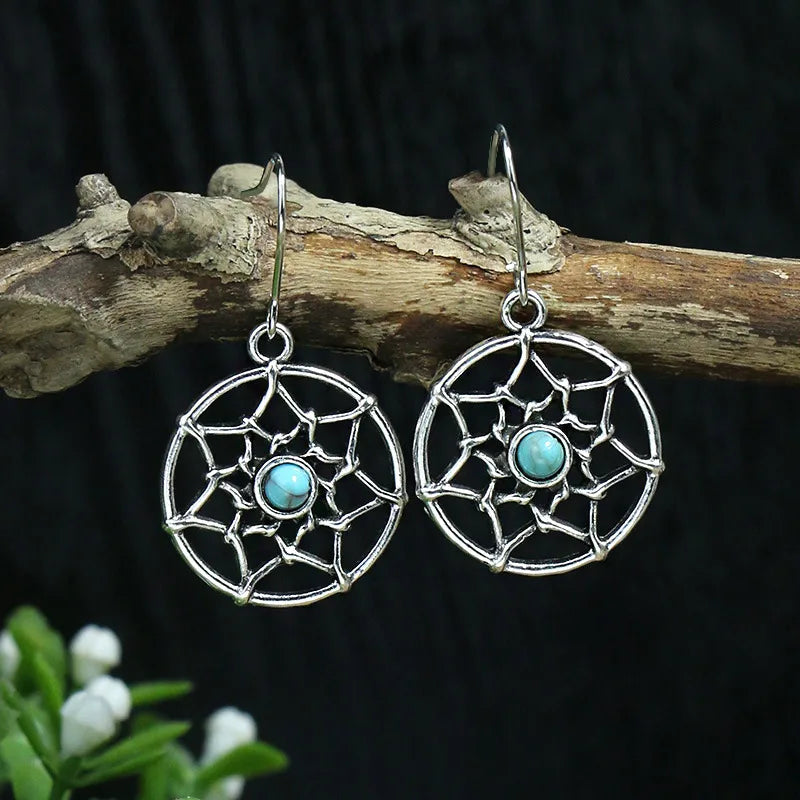 Wholesale Jewelry Bohemian Round Water Droplets Arylic Turquoise Tassel Hollow Out Inlay Drop Earrings