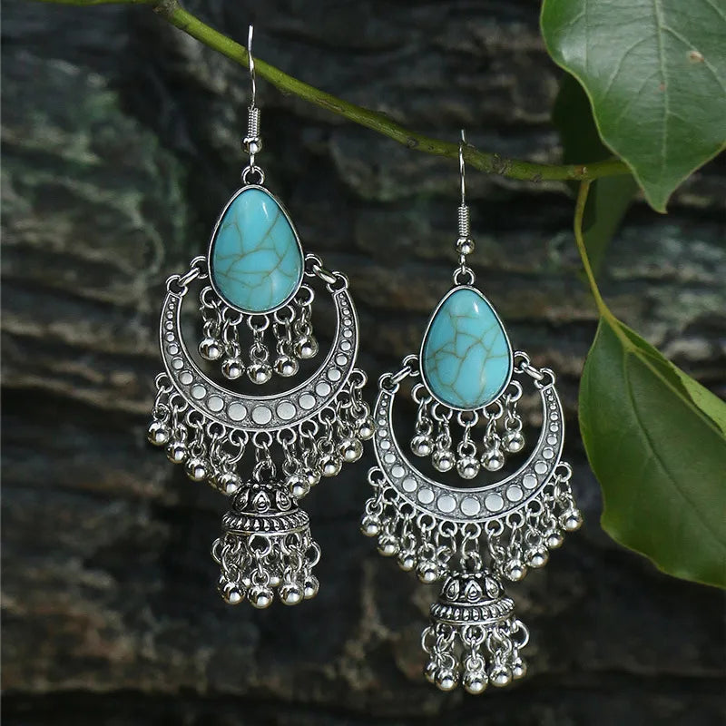 Wholesale Jewelry Bohemian Round Water Droplets Arylic Turquoise Tassel Hollow Out Inlay Drop Earrings