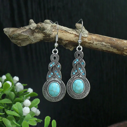 Wholesale Jewelry Bohemian Round Water Droplets Arylic Turquoise Tassel Hollow Out Inlay Drop Earrings