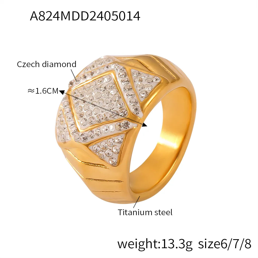 Wholesale Jewelry Business Simple Style Quadrilateral 304 Stainless Steel Rhinestones Agate 18K Gold Plated Plating Inlay Rings