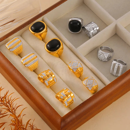 Wholesale Jewelry Business Simple Style Quadrilateral 304 Stainless Steel Rhinestones Agate 18K Gold Plated Plating Inlay Rings