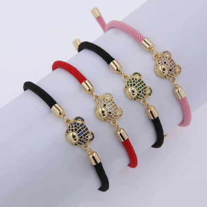 Wholesale Jewelry Cartoon Style Cute Bear Rope Copper Zircon 18K Gold Plated Plating Inlay Drawstring Bracelets