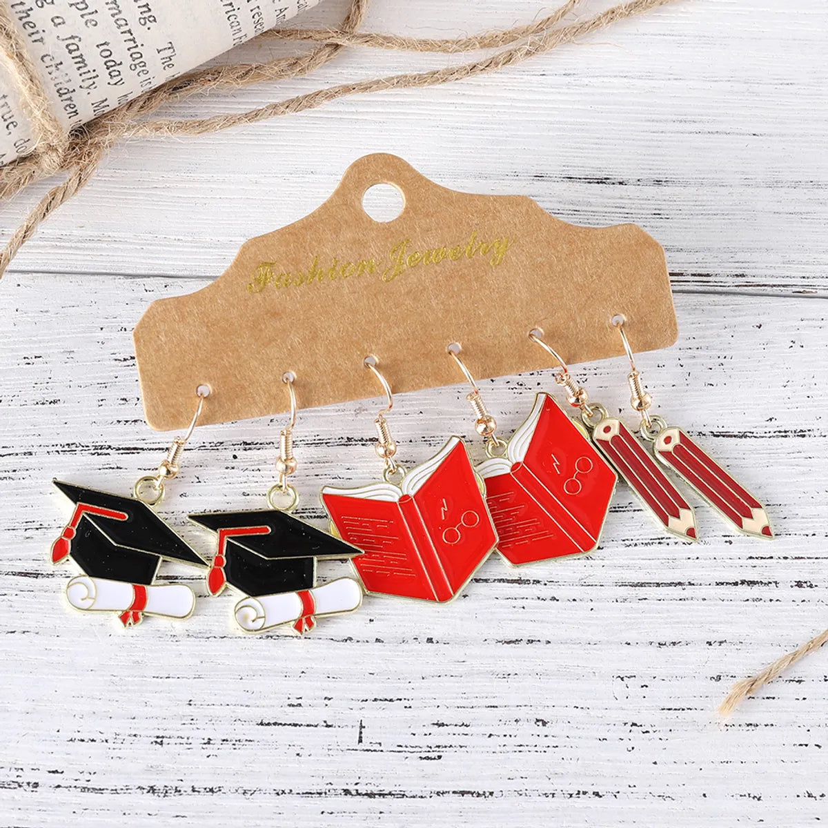 Wholesale Jewelry Cartoon Style Preppy Style Book Doctoral Cap Pencil Alloy Enamel Plating Drop Earrings