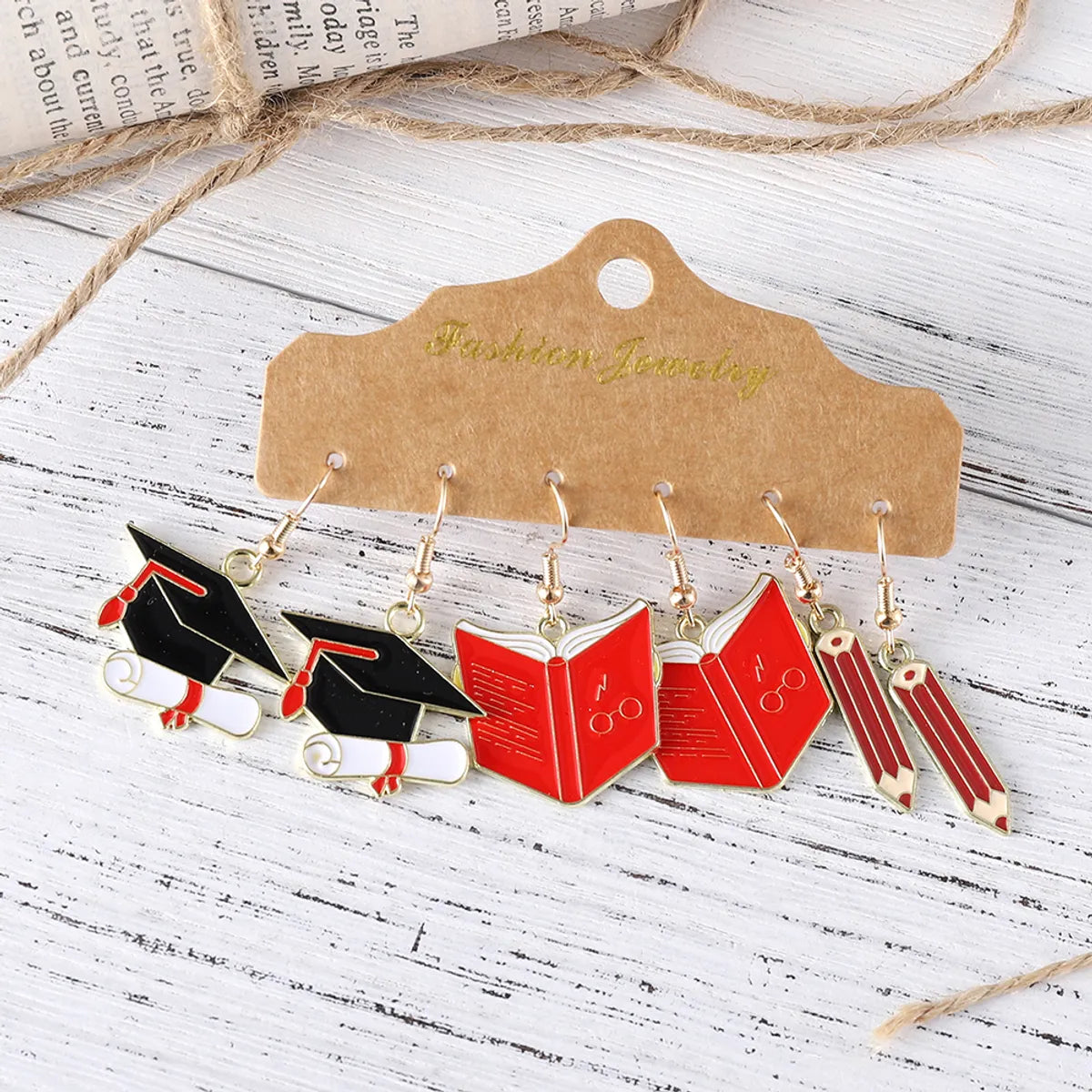 Wholesale Jewelry Cartoon Style Preppy Style Book Doctoral Cap Pencil Alloy Enamel Plating Drop Earrings