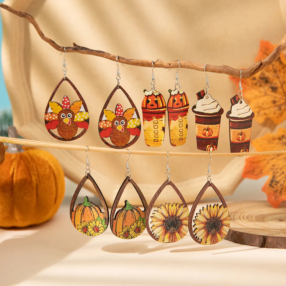 Wholesale Jewelry Casual Animal Pumpkin Water Droplets Wood Irregular Printing Drop Earrings