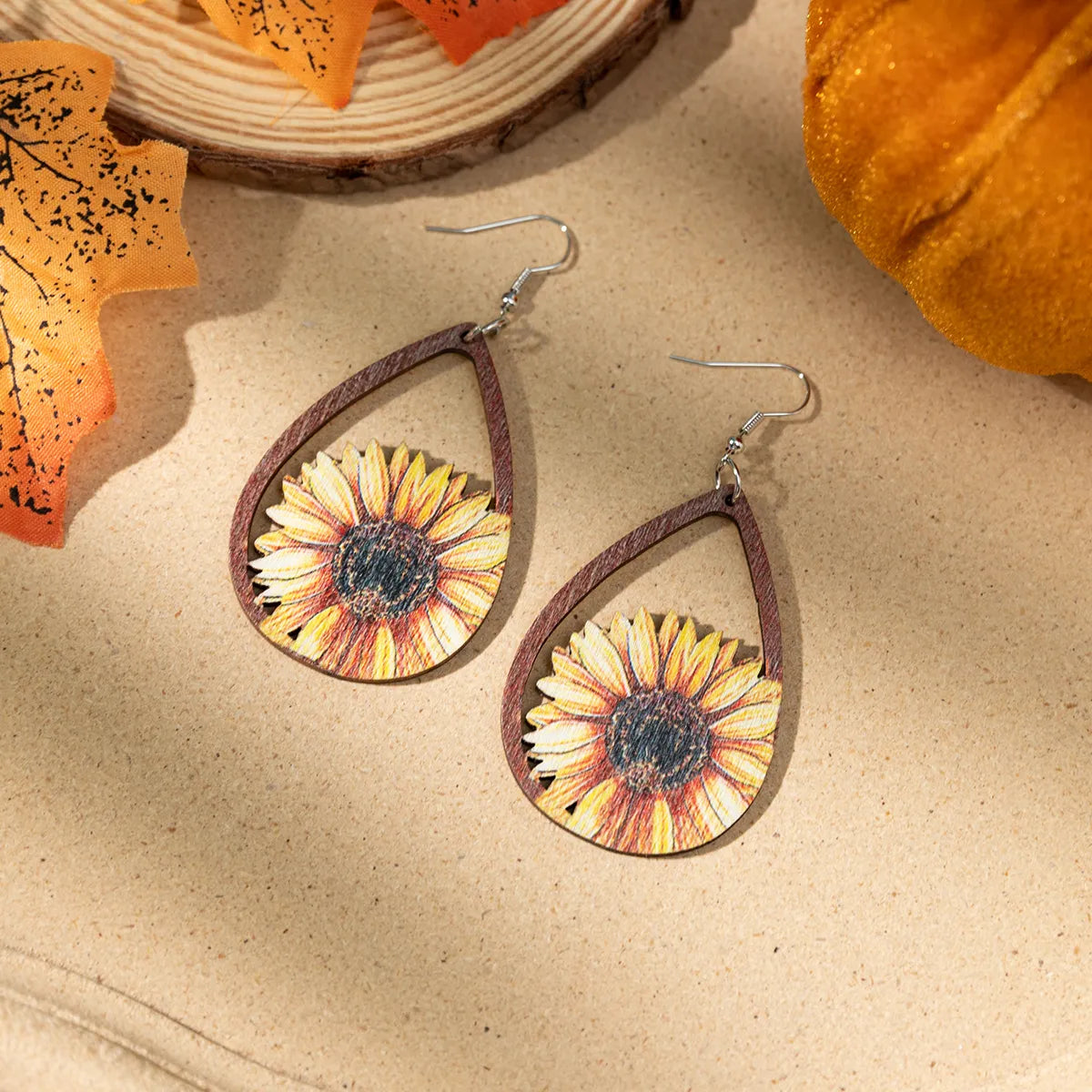 Wholesale Jewelry Casual Animal Pumpkin Water Droplets Wood Irregular Printing Drop Earrings