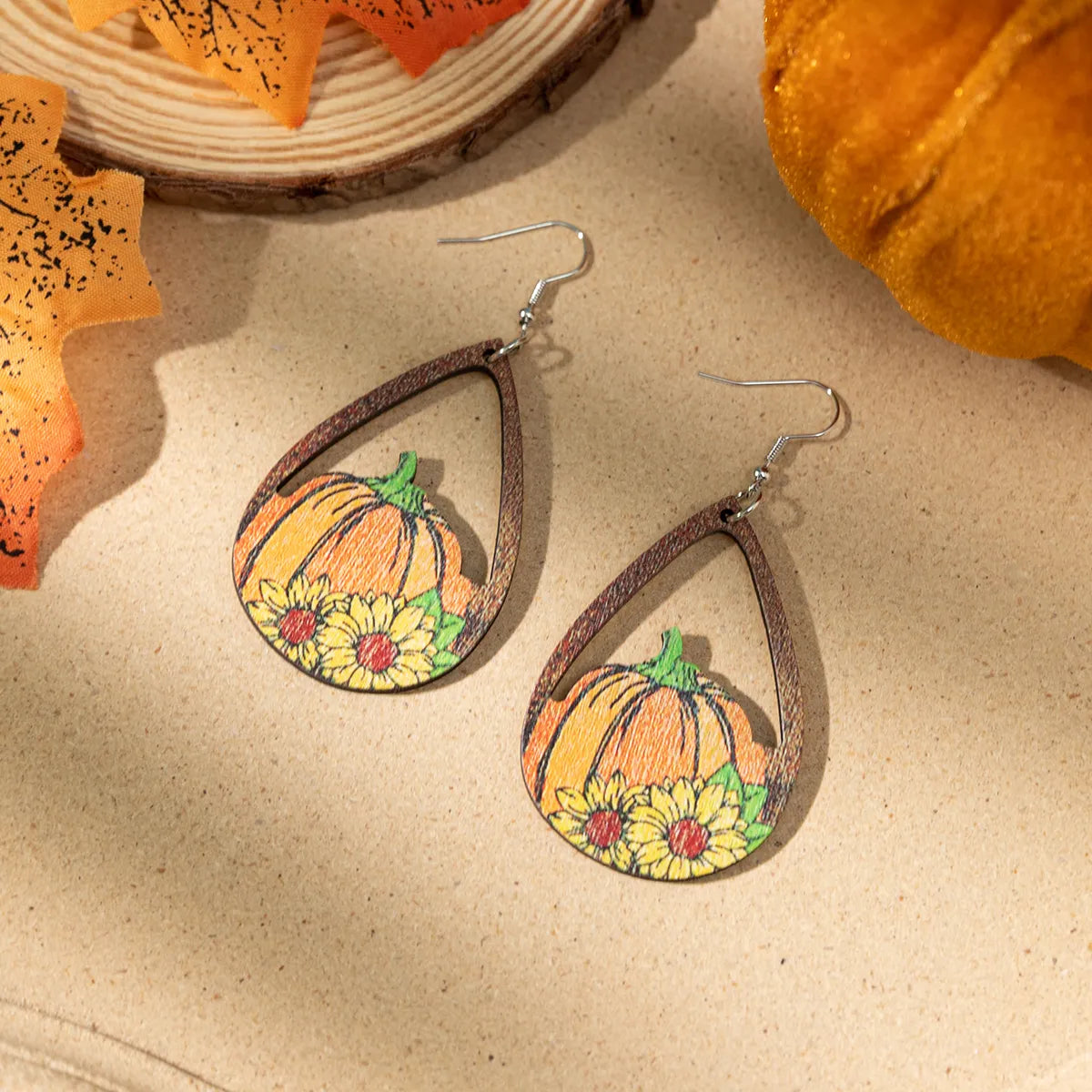 Wholesale Jewelry Casual Animal Pumpkin Water Droplets Wood Irregular Printing Drop Earrings