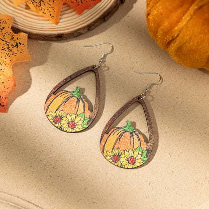 Wholesale Jewelry Casual Animal Pumpkin Water Droplets Wood Irregular Printing Drop Earrings