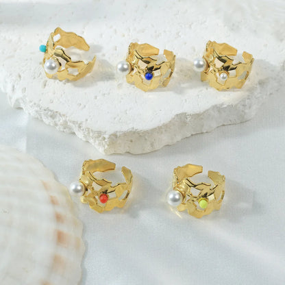 Wholesale Jewelry Casual Artistic Geometric Round 304 Stainless Steel Pearl 14K Gold Plated Hollow Out Inlay Open Rings