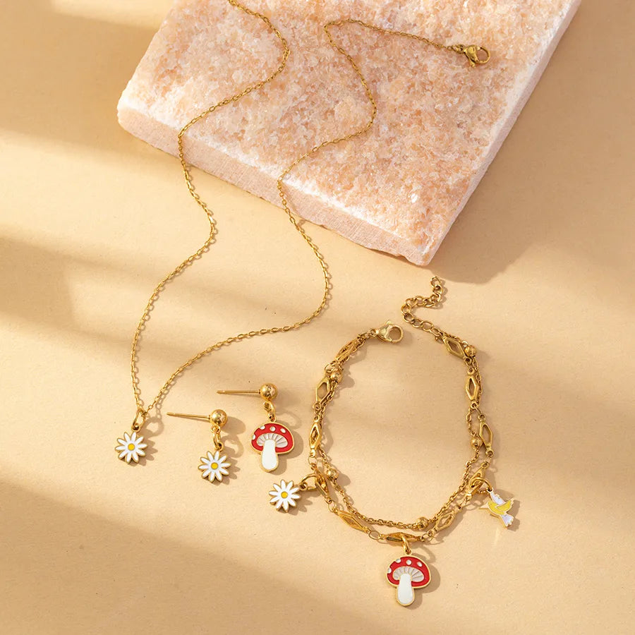 Wholesale Jewelry Casual Beach Flower Mushroom 316 Stainless Steel  Zircon Enamel Inlay Jewelry Set